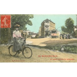 93 ROMAINVILLE. Carte montage Cycliste avec Tramway et Hôtel Restaurant derrière 1908