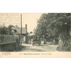 76 SAINT-PIERRE-EN-PORT. Attelage de l'Hôtel à l'Entrée du Village 1913 et Café Lemarchand