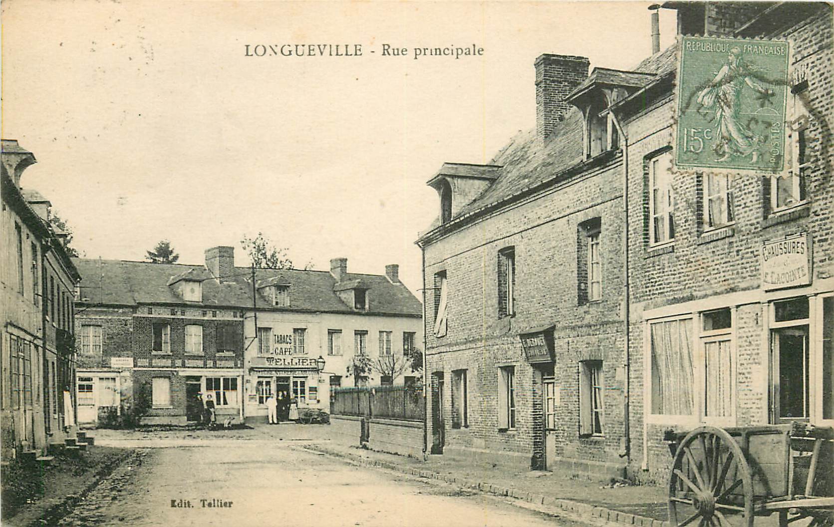 76 LONGUEVILLE. Café Tellier et Chaussures Lacointe sur rue principale 1925