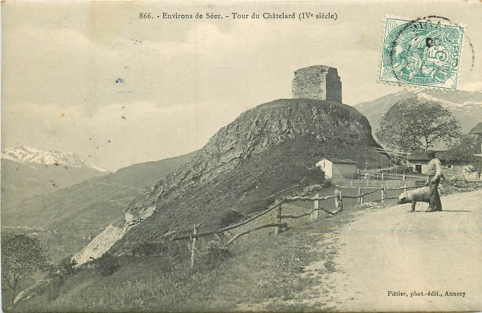 73 SEEZ environs. Villageois et cochon chercheur de truffes et Tour Châtelard 1906