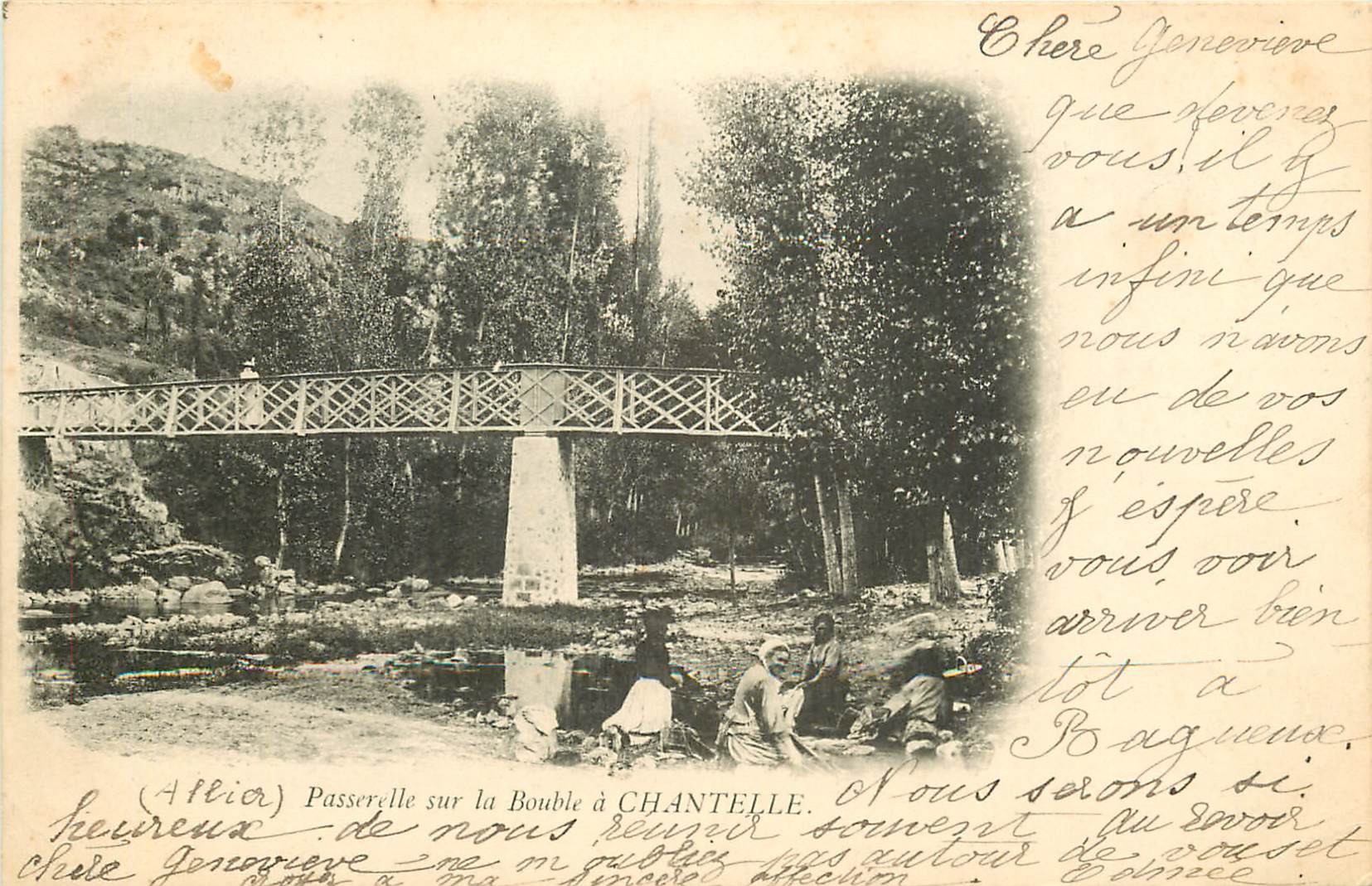 03 CHANTELLE. Lavandières Laveuses sous la Passerelle sur la Bouble 1902