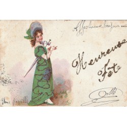 CARTE A SYSTEMES. Elégante avec véritable serpentin et heureuse fête en paillettes dorées 1905