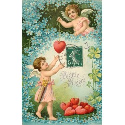 FANTAISIES. Carte gaufrée avec Angelots et Coeurs 1909