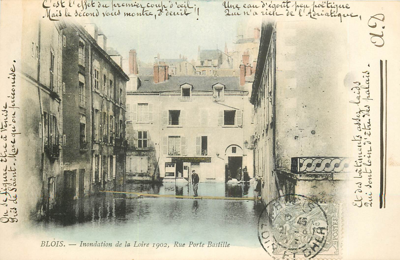 41 BLOIS. Inondation de la Loire 1902 rue Porte Bastille carte colorisée 1903
