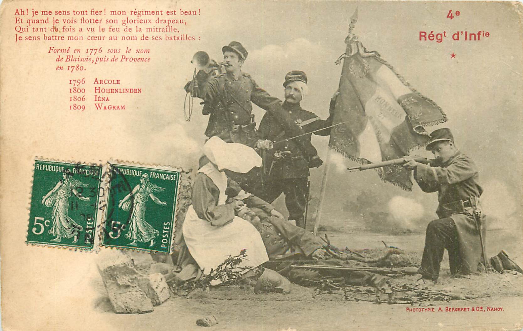BERGERET. Le 4° Régiment d'Infanterie avec Militaires et Bonne-Soeur Infirmière 1908