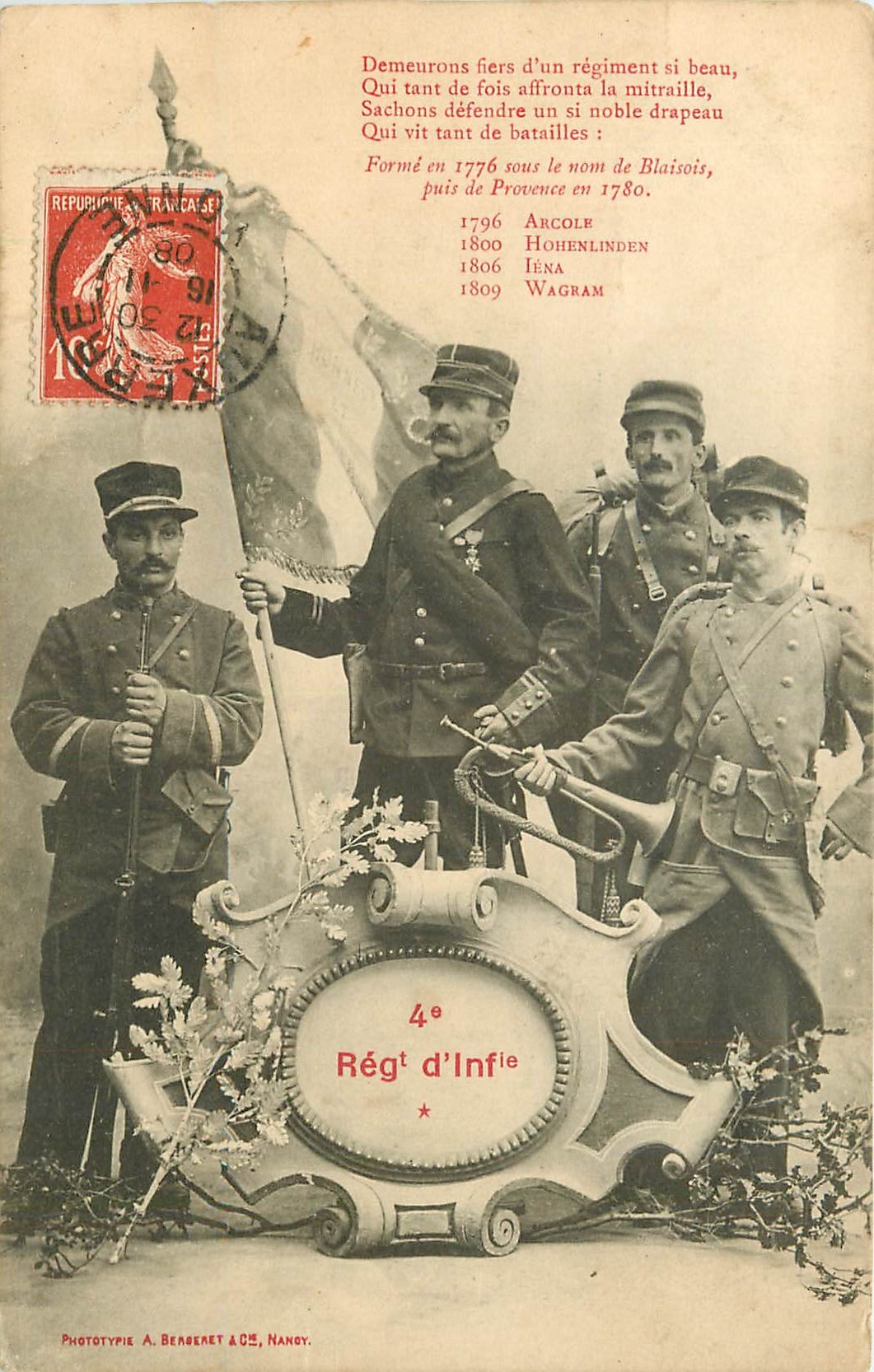 BERGERET. Le 4° Régiment d'Infanterie Militaires avec Clairon et Drapeau 1908