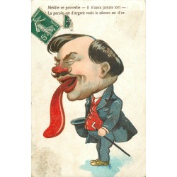 HUMOUR Caricature. La parole est d'argent mais le silence est d'or 1907 médite ce proverbe...