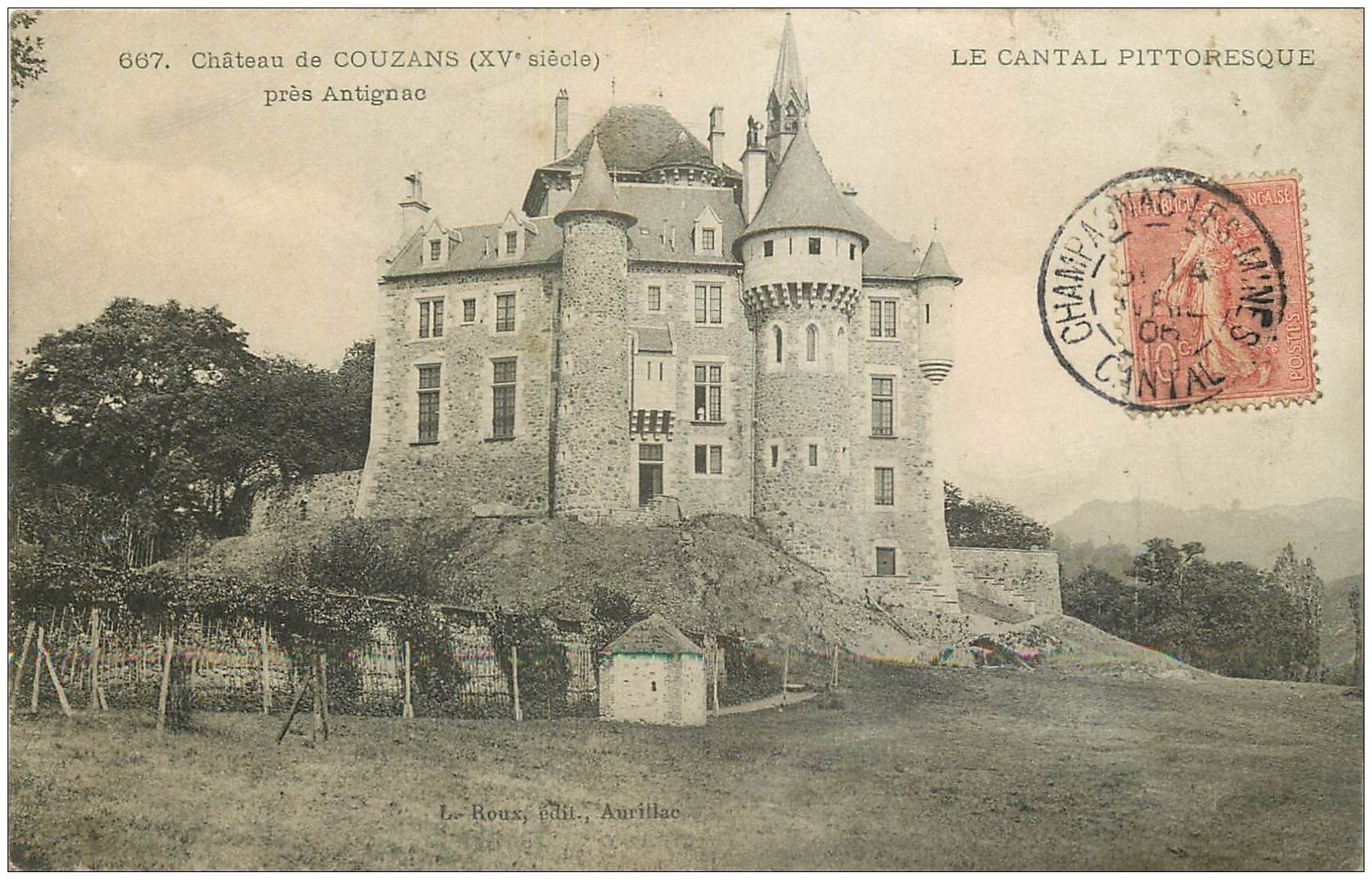 carte postale ancienne 15 Château de COUZANS près Antignac 1906 (défaut)... vendue en l'état.
