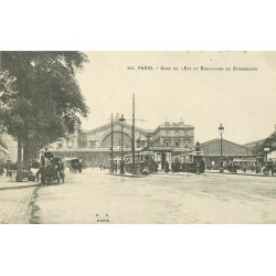PARIS 10. Tramways et bus Boulevard de Strasbourg devant la Gare de l'Est 1910