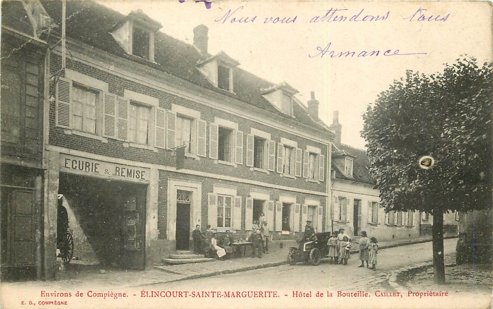 60 ELINCOURT-SAINTE-MARGUERITE. Voiture ancienne devant Hôtel de la Bouteille 1912