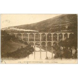 carte postale ancienne 01 Cize. Train sur le Viaduc. Bugey