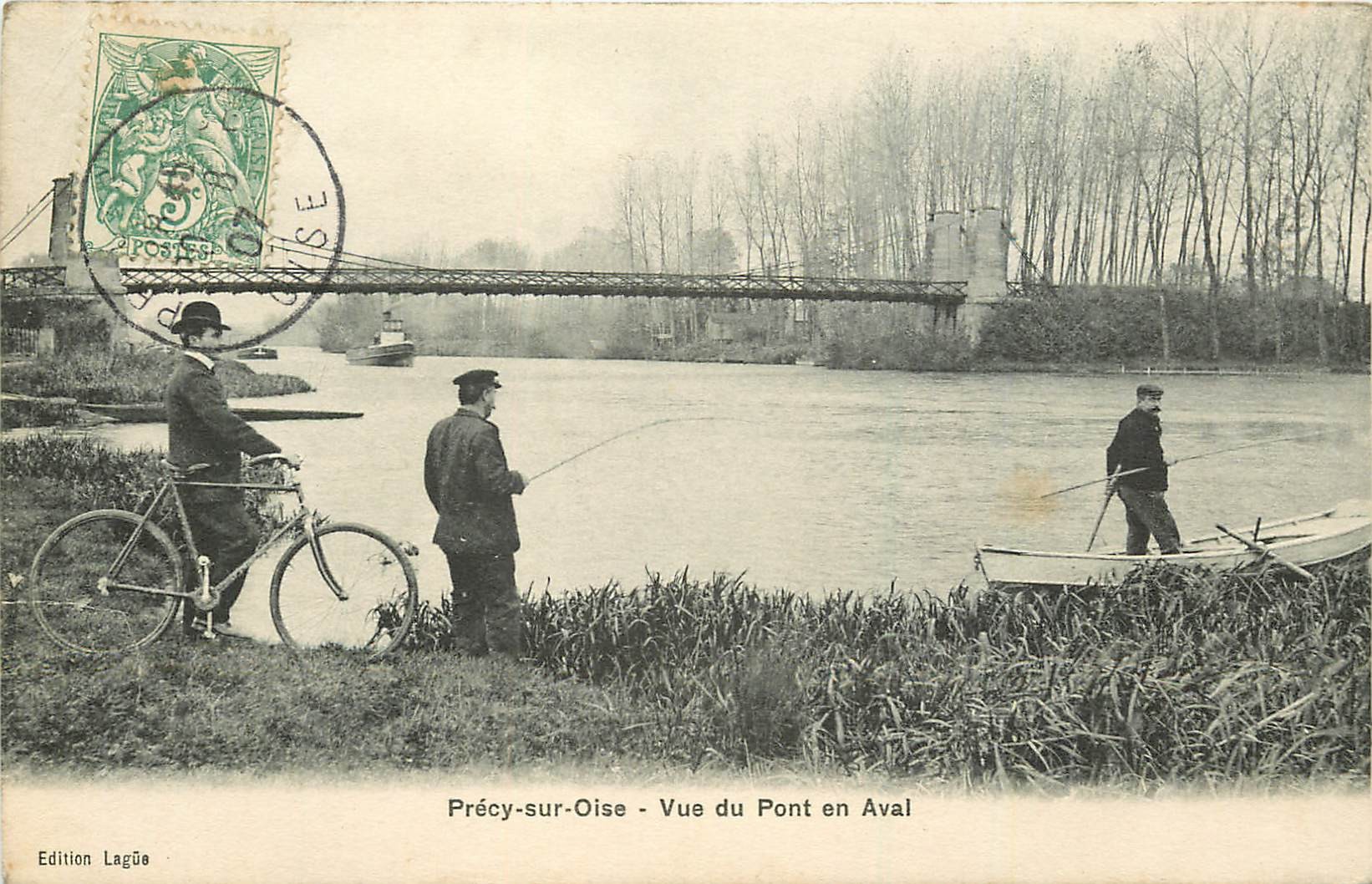 60 PRECY-SUR-OISE. Pont en Aval avec Pêcheurs et cycliste 1907