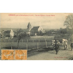 95 CHERENCE. Attelage de Paysans avec vue sur l'Eglise et l'ancien Prieuré 1923