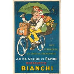 Illustrateur MICH. Publicité sur la bicyclette Bianchi. Tampon Motocyclettes à Paris