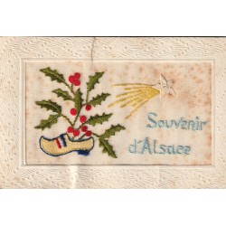 SOUVENIR D'ALSACE. Carte brodée sur tissu voile " étoile filante et sabot de Noël " 1916