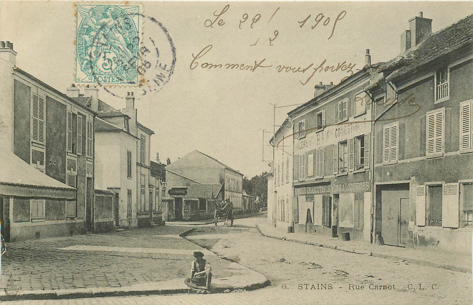93 STAINS 2 x Cpa Epicerie rue Carnot et Ecoles avenue Hainguerlot 1905-04