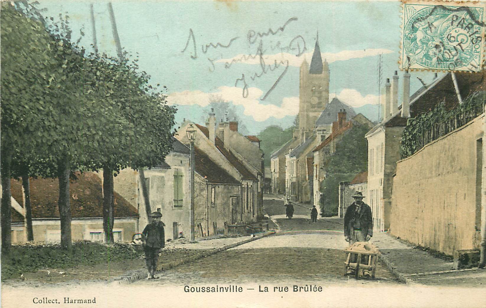 2 x Cpa 95 GOUSSAINVILLE. La rue Brûlée colorisée et noir-blanc 1906