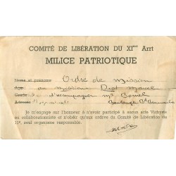 Feuillet du Comité de la Libération du XIème arrt. " MILICE PATRIOTIQUE " ordre de mission à Diot pour Bomel