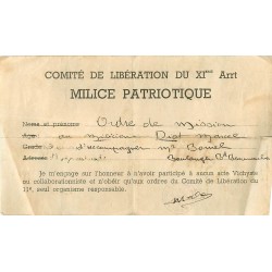 Feuillet du Comité de la Libération du XIème arrt. " MILICE PATRIOTIQUE " ordre de mission à Diot pour Bomel