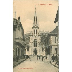 73 ALBERTVILLE. L'Eglise avec enfants devant le Café Leyssieux et la Menuiserie