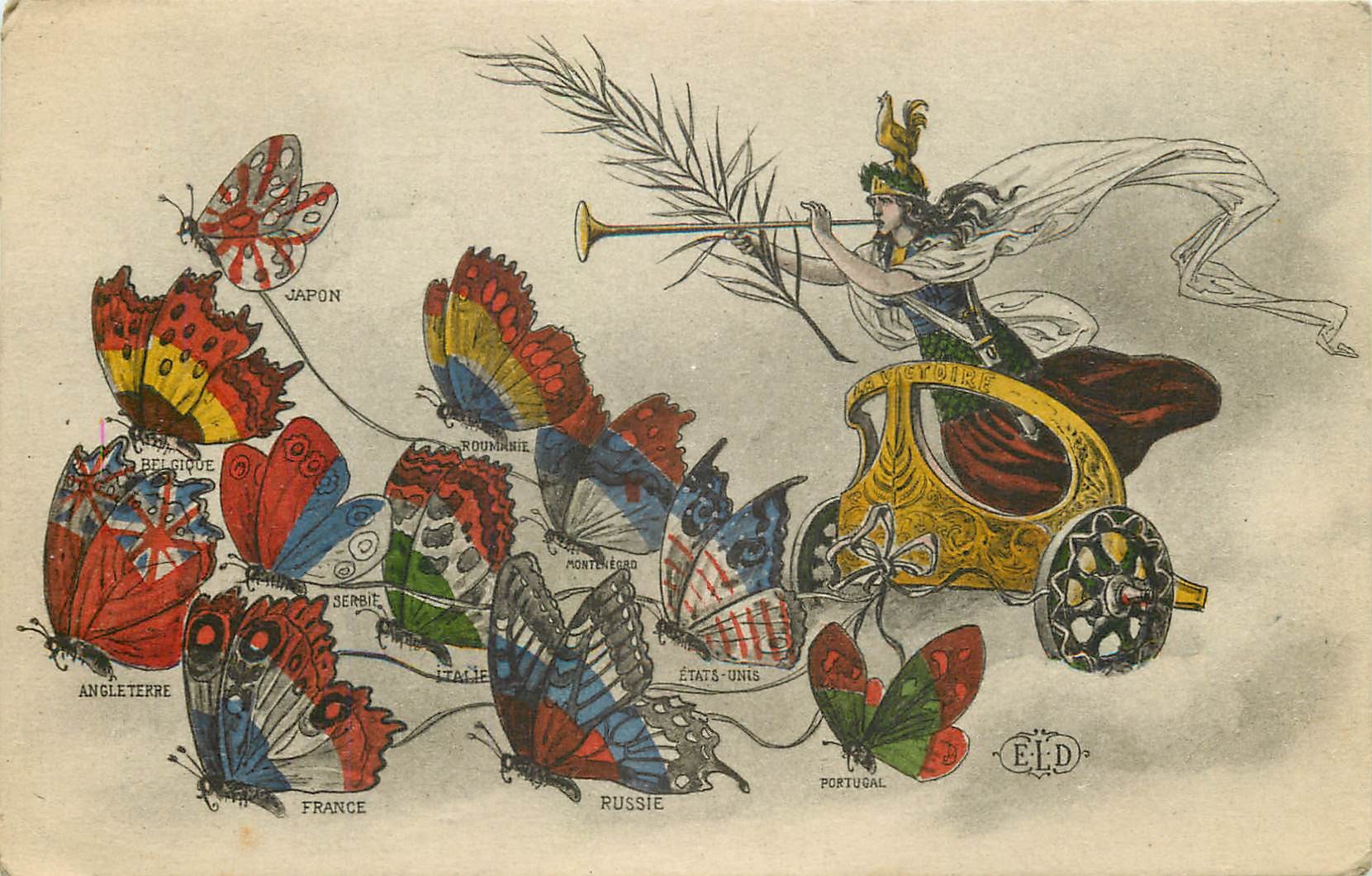CHAR DE LA VICTOIRE tiré par des Papillons de Russie, Angleterre, Etats-Unis, France, Portugal, Belgique