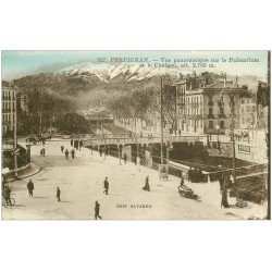 carte postale ancienne 66 PERPIGNAN. Vue sur le Palmarium 1926 et le Canigou. Affiche Byrrh