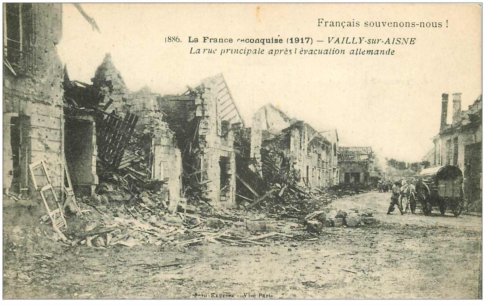 carte postale ancienne 02 VAILLY-SUR-AISNE. La Rue Principale bombardée 1918