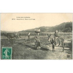 carte postale ancienne 66 TYPES DES PYRENEES. Retour au Village sur Ane. Scène Rural 1910 attelage de Boeufs pour Labour