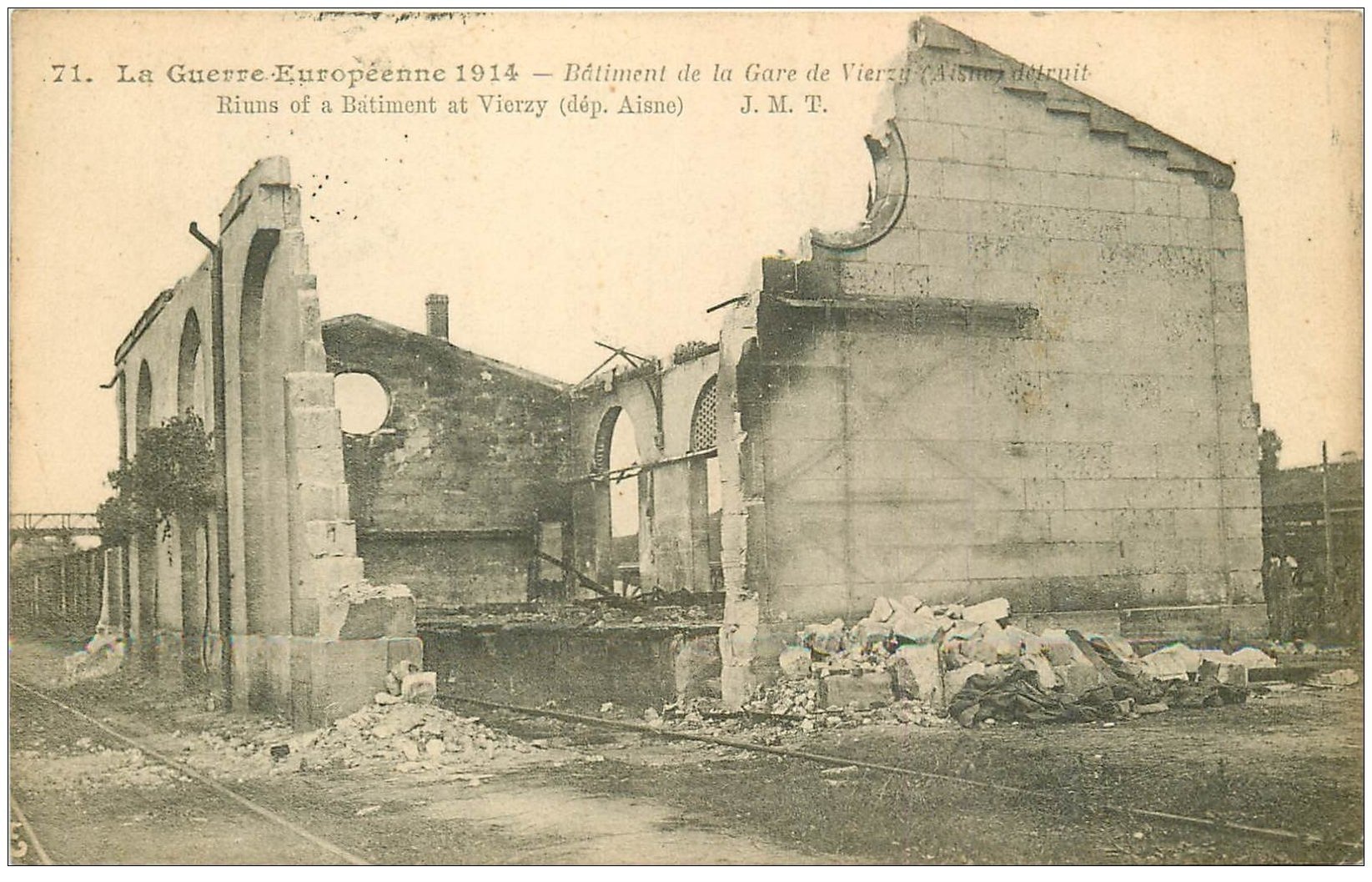 carte postale ancienne 02 VIERZY. La Gare détruite 1914