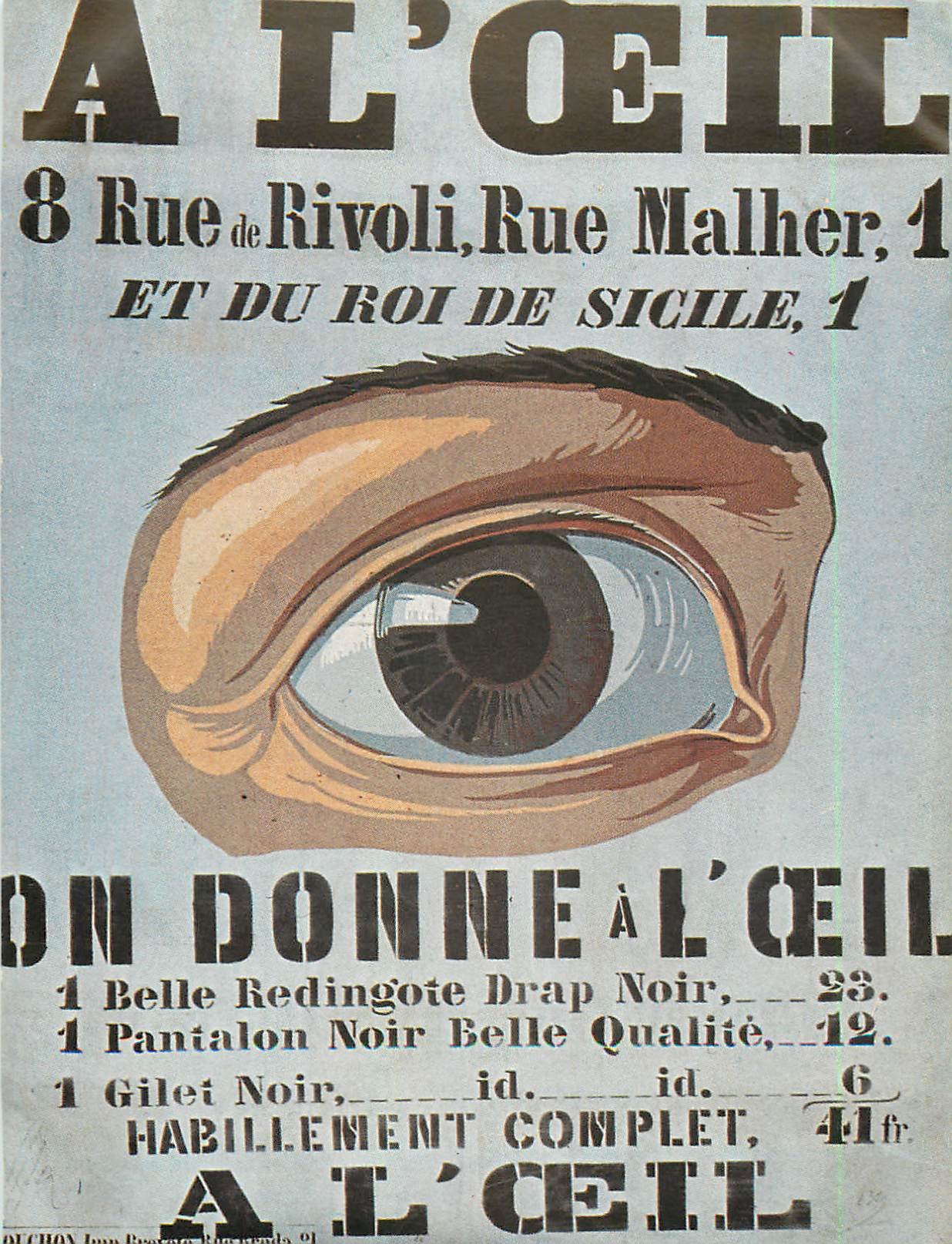 Publicité " A L'OEIL " vêtements rue de Rivoli et Malher