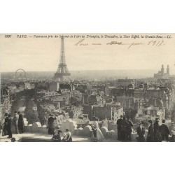 PARIS. Panorama de l'Arc de Triomphe sur Trocadéro, Tour Eiffel et grande Roue 1917