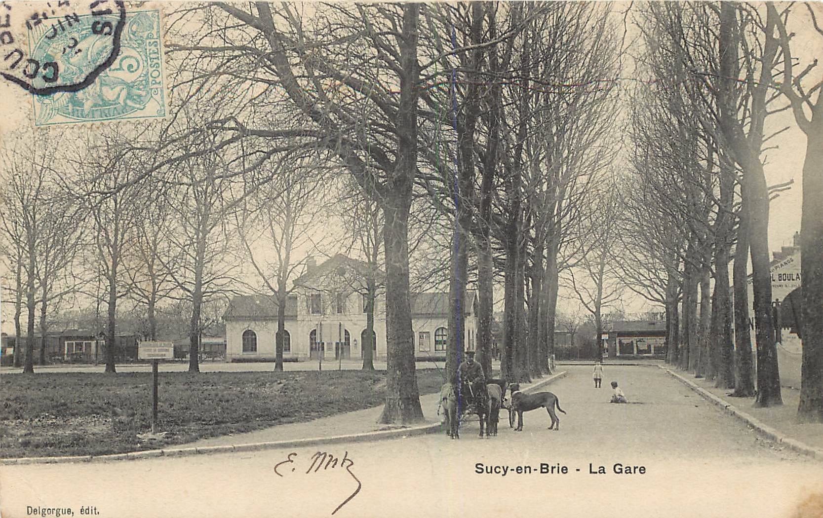 94 SUCY-EN-BRIE. La Gare avec attelage ânes et gros chien attaché 1905