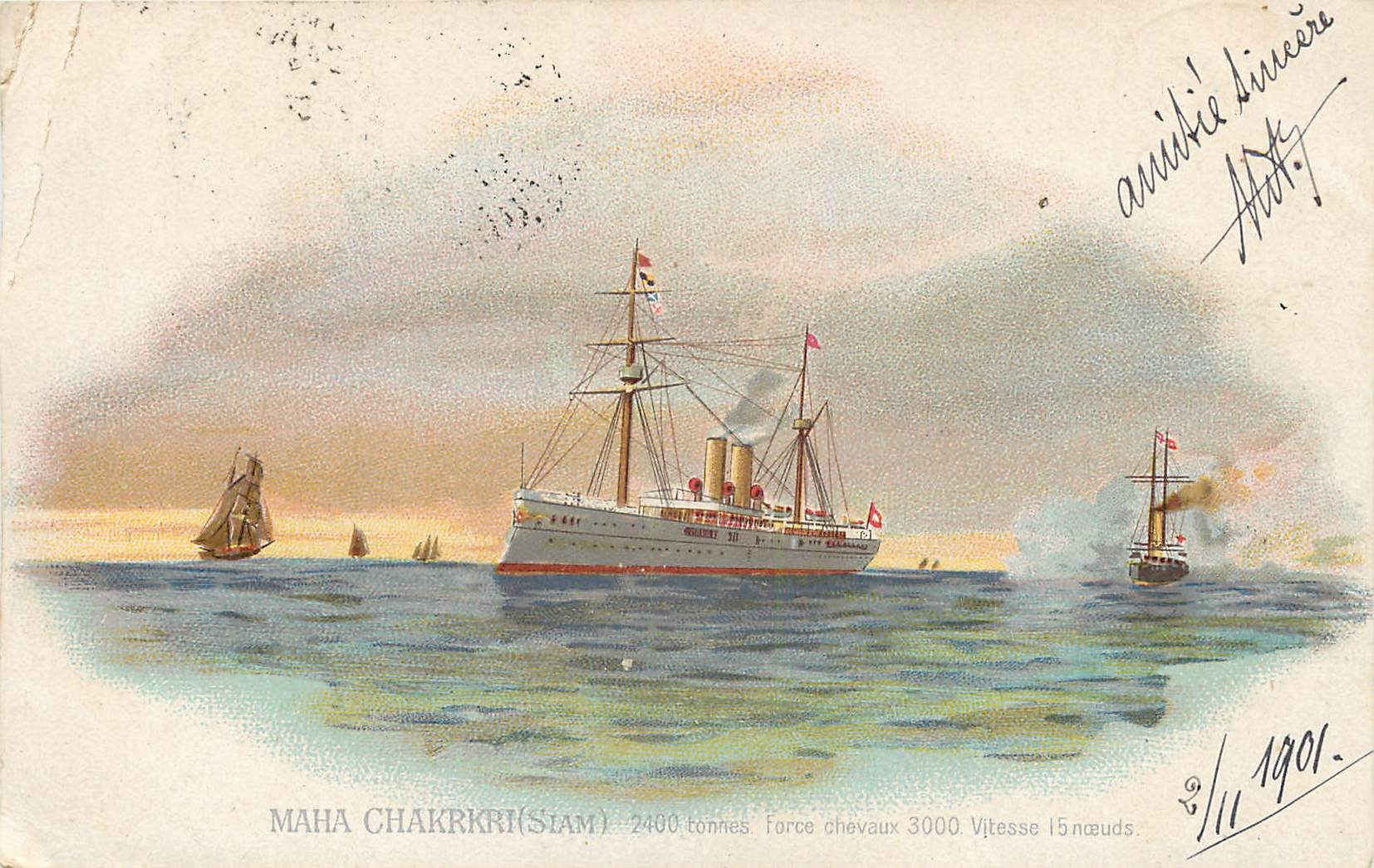 Transports Navire " MAHA CHAKRKRI " Siam. Télégraphie militaire Verdun 1901