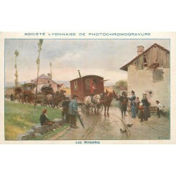 Publicité pour Lyon Société Lyonnaise de Photochromogravure " LES NOMADES " roulottes et gitans.