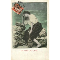 3 x cpa " LES REGRETS DE MIGNON " 1909 femme avec mandoline