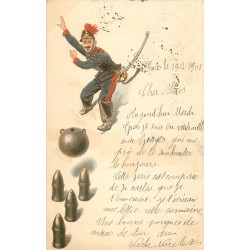 Humour 1901 " MILITAIRE " Saint Cyrien avec bombe et cartouches jouant aux quilles