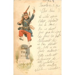 Humour 1901 " MILITAIRE " jouant à saute mouton sur borne kilométrique