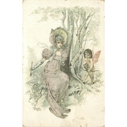 2 cpa Publicitaires " ANGES " Elégante et Cupidon avec son arc flèches 1905 Faivre & Au quartier St-Germain