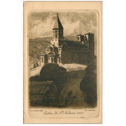 carte postale ancienne 63 SAINT-NECTAIRE. L'Eglise. Papier de Luxe velin découpe à la ficelle. Eau-Forte par Jaffeux