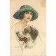 Illustrateur BIANCHI. Femme au chapeau avec son chien