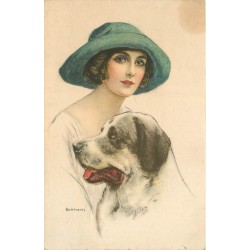 Illustrateur BIANCHI. Femme au chapeau avec son chien
