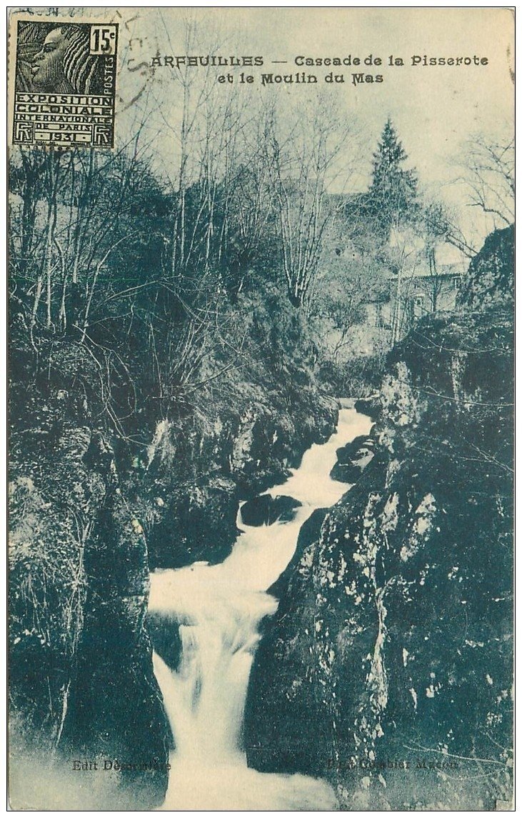 carte postale ancienne 03 ARFEUILLES. Cascade Pisserote et Moulin du Mas 1931