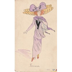 LA MODE Illustratrice Maud 1910 rare et unique carte peinte à la main superbe chapeau