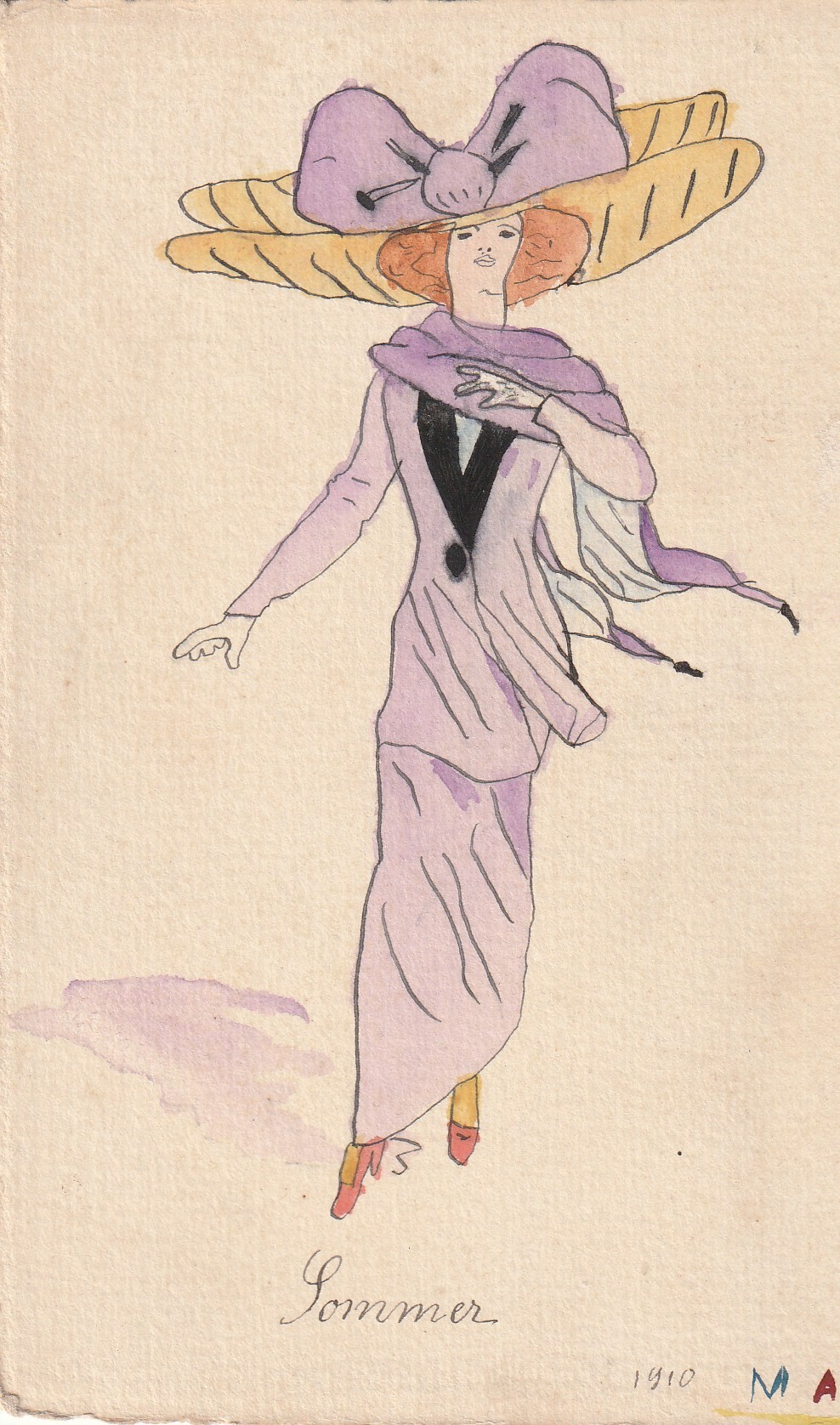 LA MODE Illustratrice Maud 1910 rare et unique carte peinte à la main superbe chapeau