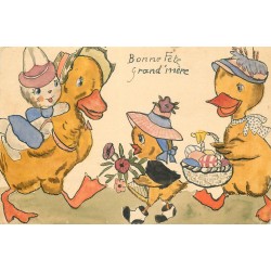 Véritable carte dessinée et peinte à la main "Canards Poussins et Chaton" avec oeuf de Pâques 1965