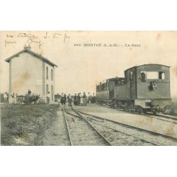 77 MONTGE. La Gare avec Train locomotive et attelage âne 1918
