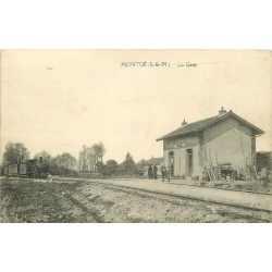 77 MONTGE. Voyageurs à la Gare avec arrivée d'un Train 1911