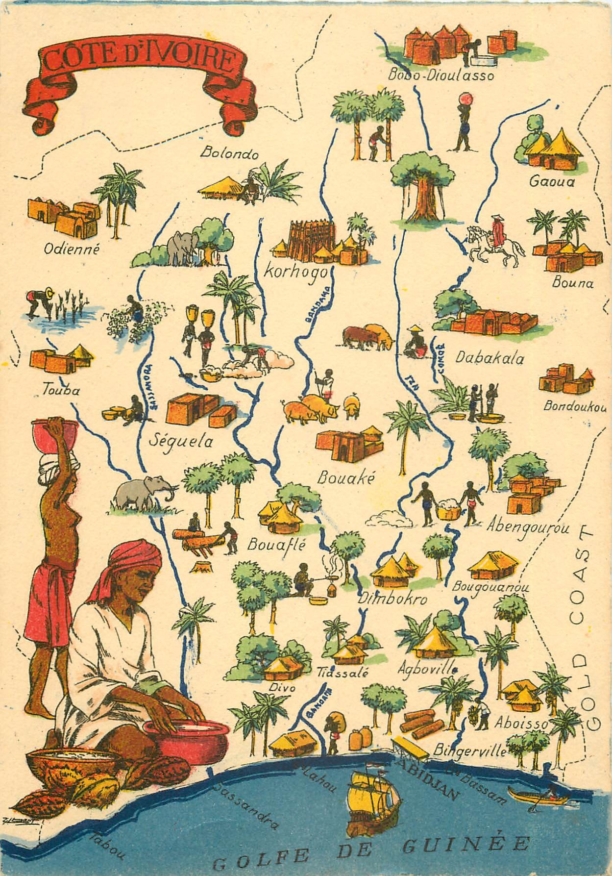 Carte Géographique avec Illustrateur Editions Barre Dayez CÔTE D'IVOIRE