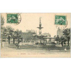 carte postale ancienne 34 BEZIERS. Place et Fontaine Citadelle 1909