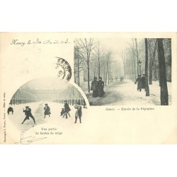 3 x cpa 54 NANCY vers 1900. Boules neige à la Pépinière, Porte Désilles et Statue Callot